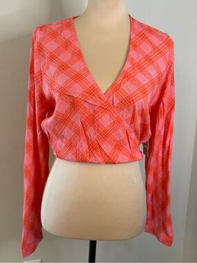 NWT Women’s Pink & Orange Plaid Wrap Blouse